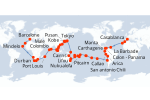 Carte de l'itinéraire de croisière Barcelone-Barcelone d'une durée de 128 jours