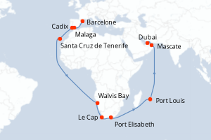 carte itinéraire croisière Moyen-Orient Dubaï 35 jours au départ du port de Barcelone