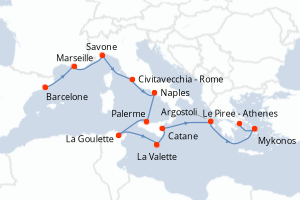 carte itinéraire croisière Sicile 12 jours au départ du port de Barcelone