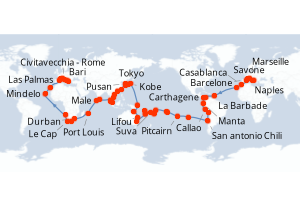 Carte de l'itinéraire de croisière Bari-Bari d'une durée de 139 jours