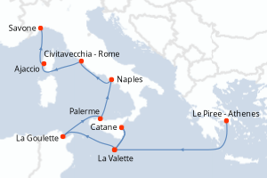 carte itinéraire croisière Sicile 11 jours au départ du port de Le Piree - Athenes
