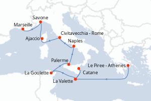 carte itinéraire croisière Sicile 12 jours au départ du port de Le Piree - Athenes