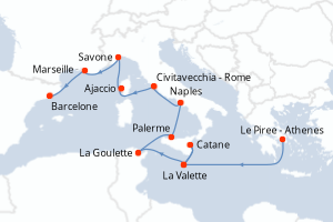 carte itinéraire croisière Sicile 13 jours au départ du port de Le Piree - Athenes