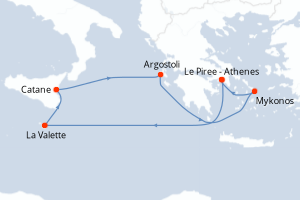 carte itinéraire croisière Sicile 7 jours au départ du port de Le Piree - Athenes