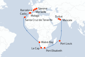 carte itinéraire croisière Moyen-Orient Dubaï 37 jours au départ du port de Savone