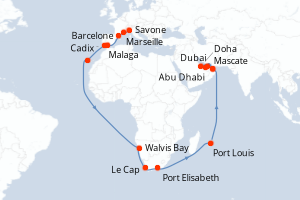 Carte de l'itinéraire de croisière Savone-Abu Dhabi d'une durée de 43 jours