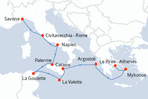 carte itinéraire croisière Sicile 10 jours au départ du port de Savone
