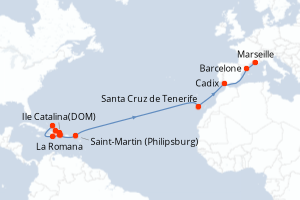 carte itinéraire croisière Transatlantique 21 jours au départ du port de La Romana