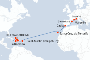 carte itinéraire croisière Transatlantique 22 jours au départ du port de La Romana