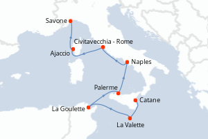 carte itinéraire croisière Sicile 8 jours au départ du port de Catane