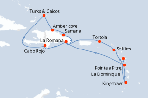 carte itinéraire croisière Caraïbes Bahamas 14 jours au départ du port de Pointe a Pitre