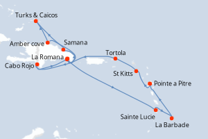 Carte de l'itinéraire de croisière Pointe a Pitre-Pointe a Pitre d'une durée de 14 jours