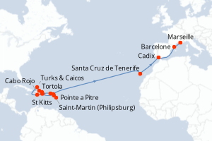 carte itinéraire croisière Transatlantique 24 jours au départ du port de Pointe a Pitre
