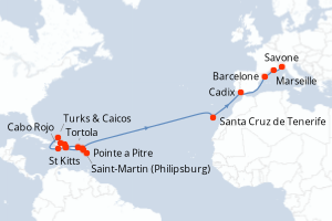 carte itinéraire croisière Transatlantique 25 jours au départ du port de Pointe a Pitre