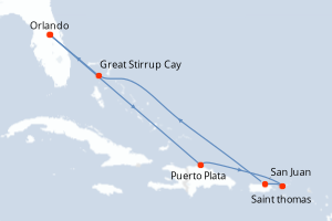 Carte de l'itinéraire de croisière Orlando-Orlando d'une durée de 7 jours