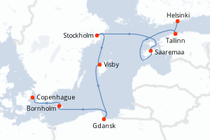 Carte de l'itinéraire de croisière Helsinki-Copenhague d'une durée de 8 jours