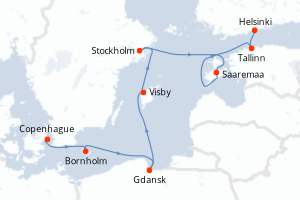 Carte de l'itinéraire de croisière Copenhague-Helsinki d'une durée de 8 jours