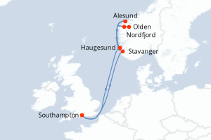 Carte de l'itinéraire de croisière Southampton-Southampton d'une durée de 7 jours