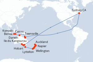 Carte de l'itinéraire de croisière Auckland-Benoa d'une durée de 33 jours