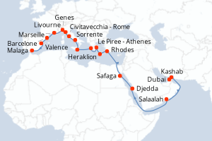 carte itinéraire croisière Moyen-Orient Dubaï 28 jours au départ du port de Dubai