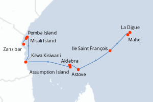 Carte de l'itinéraire de croisière Mahe-Zanzibar d'une durée de 12 jours