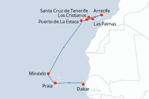 Carte de l'itinéraire de croisière Las Palmas-Dakar d'une durée de 10 jours