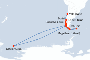 Carte de l'itinéraire de croisière Valparaíso-Ushuaia d'une durée de 14 jours