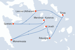 Carte de l'itinéraire de croisière Lavrion (Athenes)-Lavrion (Athenes) d'une durée de 7 jours