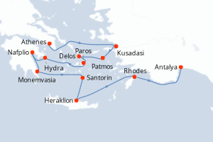 carte itinéraire croisière Méditerranée 10 jours au départ du port de Le Piree - Athenes
