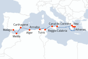 carte itinéraire croisière Sicile 10 jours au départ du port de Le Piree - Athenes