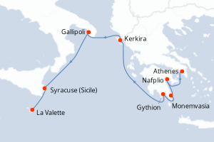 carte itinéraire croisière Sicile 7 jours au départ du port de Le Piree - Athenes