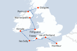 Carte de l'itinéraire de croisière Honfleur-Glasgow d'une durée de 8 jours