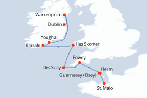 Carte de l'itinéraire de croisière St. Malo-Dublin d'une durée de 8 jours