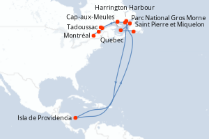 Carte de l'itinéraire de croisière Saint Pierre et Miquelon-Montréal d'une durée de 11 jours