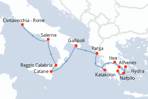 carte itinéraire croisière Sicile 10 jours au départ du port de Civitavecchia - Rome