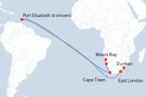Carte de l'itinéraire de croisière Walvis Bay-Durban d'une durée de 10 jours