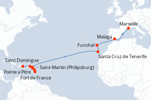 carte itinéraire croisière Transatlantique 17 jours au départ du port de Marseille