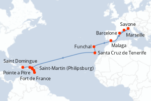 carte itinéraire croisière Transatlantique 19 jours au départ du port de Barcelone