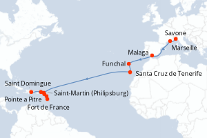 carte itinéraire croisière Transatlantique 18 jours au départ du port de Savone