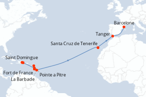 carte itinéraire croisière Transatlantique 17 jours au départ du port de Saint Domingue