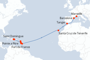 carte itinéraire croisière Transatlantique 18 jours au départ du port de Saint Domingue