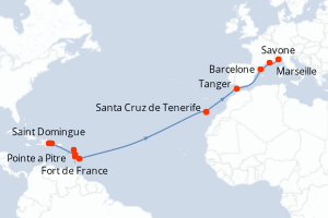 carte itinéraire croisière Transatlantique 19 jours au départ du port de Saint Domingue