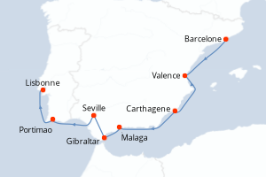 carte itinéraire croisière Atlantique 7 jours au départ du port de Barcelone