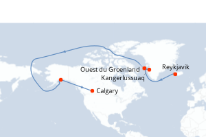 Carte de l'itinéraire de croisière Reykjavik-Calgary d'une durée de 16 jours