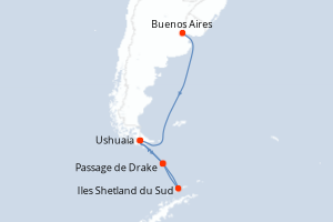 Carte de l'itinéraire de croisière Buenos Aires-Ushuaia d'une durée de 13 jours