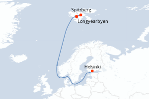 Carte de l'itinéraire de croisière Helsinki-Longyearbyen d'une durée de 14 jours
