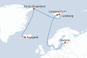 Carte de l'itinéraire de croisière Helsinki-Reykjavik d'une durée de 14 jours