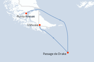 Carte de l'itinéraire de croisière Punta Arenas-Ushuaia d'une durée de 9 jours
