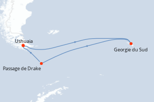 Carte de l'itinéraire de croisière Ushuaia-Ushuaia d'une durée de 17 jours