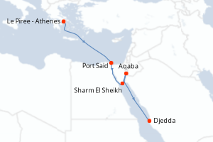 carte itinéraire croisière Mer Rouge Océan Indien 7 jours au départ du port de Le Piree - Athenes